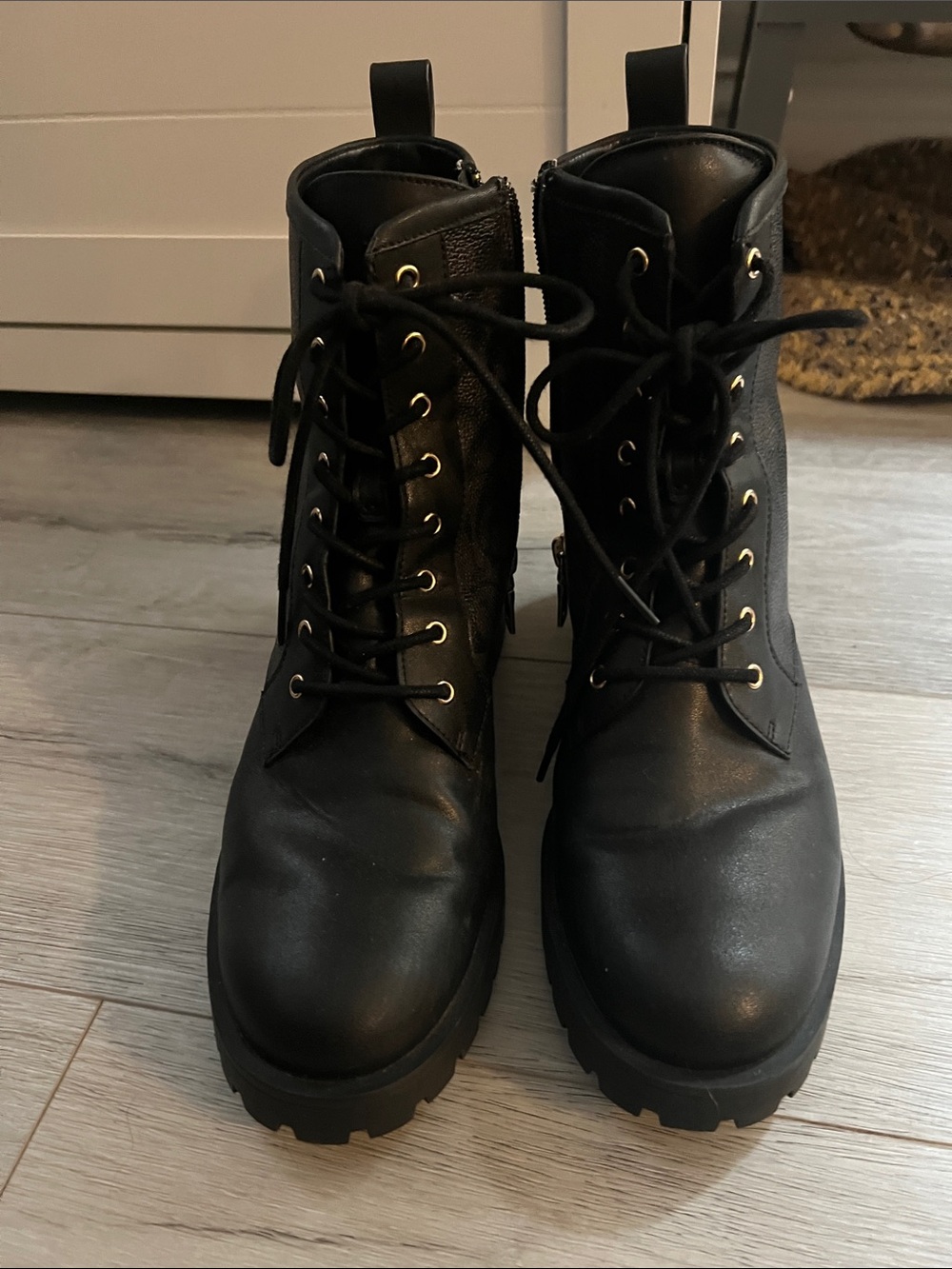 Coach Black Leather Lace-Up Combat Boots with Lug Sole